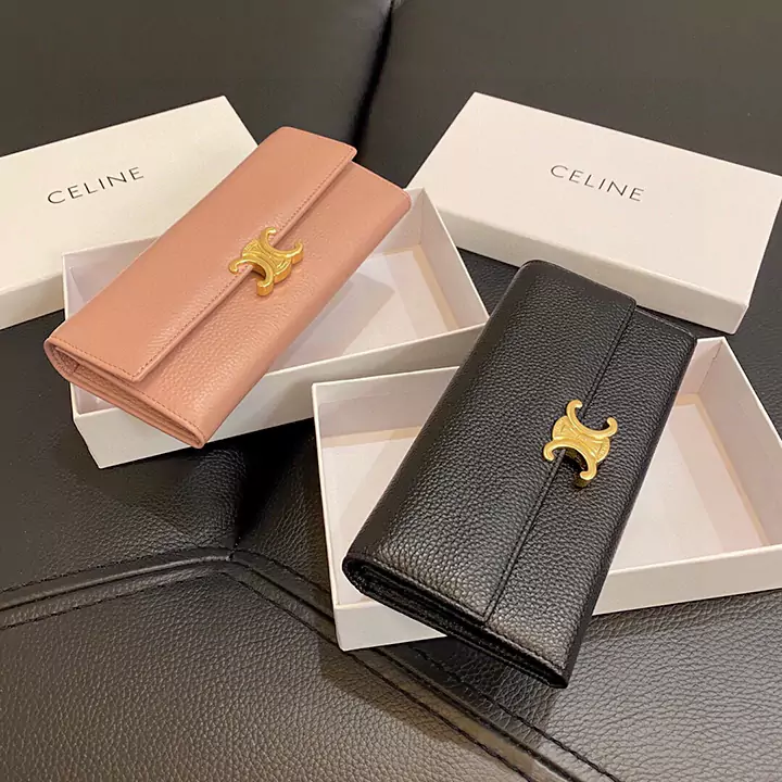 CELINE カーフスキン トリンオフ 二つ折り長財布 牛革 ブラック ピンク レデイース マネークリップ 高品質 コピー セリーヌ 大容量 ウォレット 安い 財布