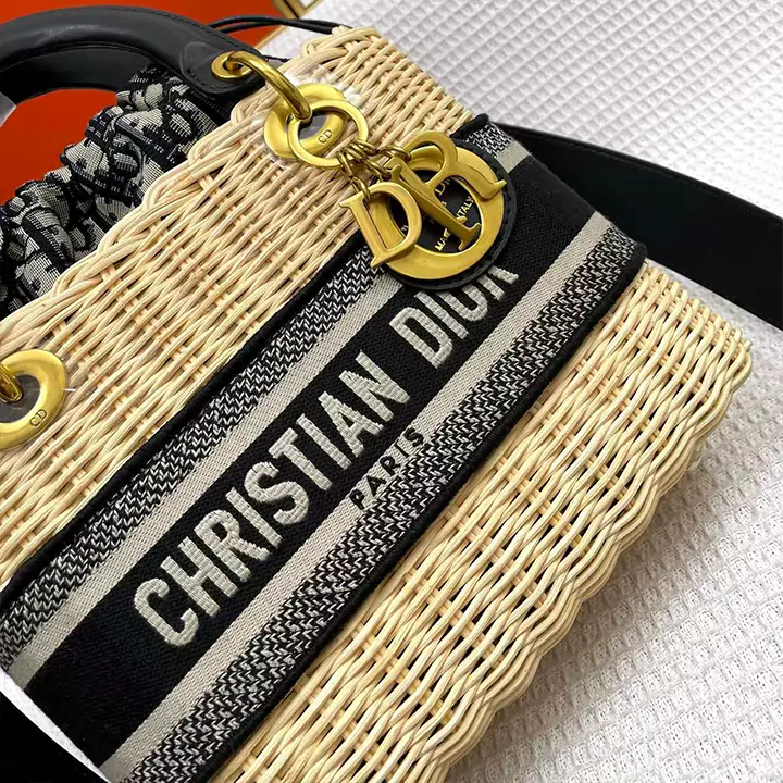 Christian Dior カゴバッグ レディース ショルダーバッグ コンパクト可愛い ディオール レディ2WAYトートバッグ ゴールド 金具 刺繍ロゴ