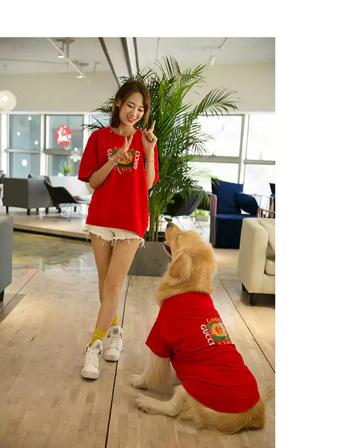 グッチ 犬とペアルック 半袖 赤 tシャツ ペット服 高品質 大型犬