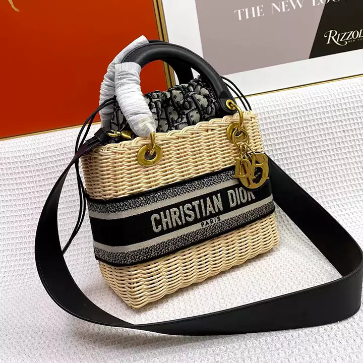 Christian Dior カゴバッグ レディース ショルダーバッグ コンパクト可愛い ディオール レディ2WAYトートバッグ ゴールド 金具 刺繍ロゴ