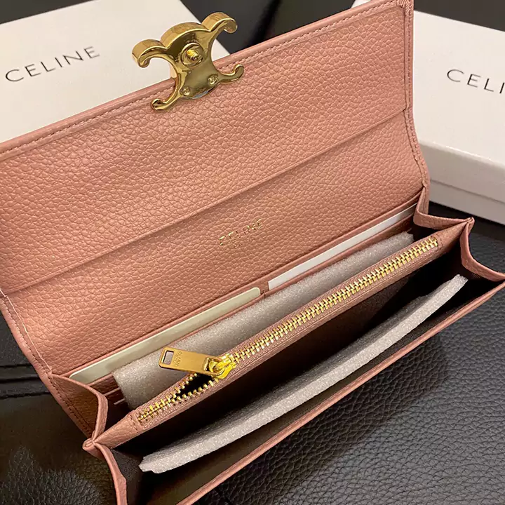 CELINE カーフスキン トリンオフ 二つ折り長財布 牛革 ブラック ピンク レデイース マネークリップ 高品質 コピー セリーヌ 大容量 ウォレット 安い 財布