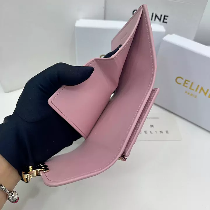 Celineブランド セリーヌピンクレザー財布 ショートタイプ折り畳みバックル財布 Celine人気女子財布専門店【feecopy.com】